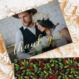 Tarjeta Festiva Con Relieve Metalizado Elegante Script Photo Winter Wedding Gracias