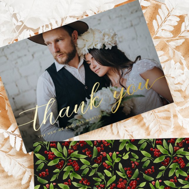 Tarjeta Festiva Con Relieve Metalizado Elegante Script Photo Winter Wedding Gracias (Subido por el creador)