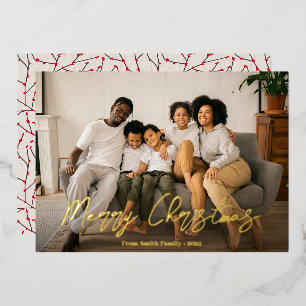 Tarjeta Festiva Con Relieve Metalizado Elegante Script Winterberry Photo