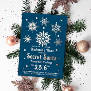 Tarjeta Festiva Con Relieve Metalizado Elegante secreto azul Santa Copos de nieve