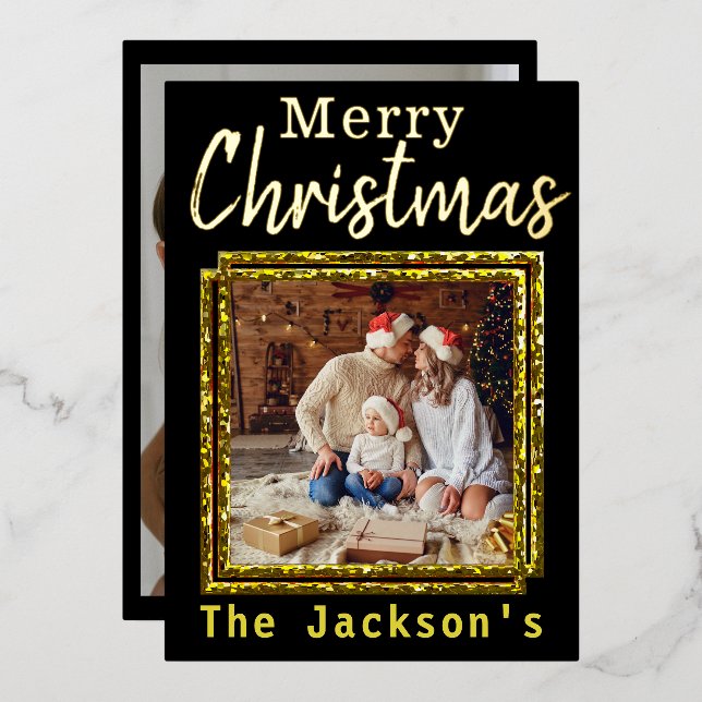 Tarjeta Festiva Con Relieve Metalizado Elegante simple Feliz Navidad Familia Fotos de mod (Anverso/Reverso)
