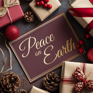 Tarjeta Festiva Con Relieve Metalizado Elegante Simple Paz en la Tierra Borgoña Dorado
