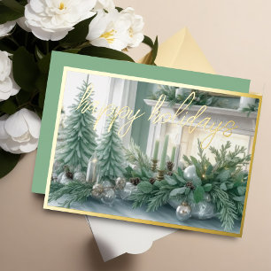 Tarjeta Festiva Con Relieve Metalizado Elegante Tablescape Mint Green Evergreen