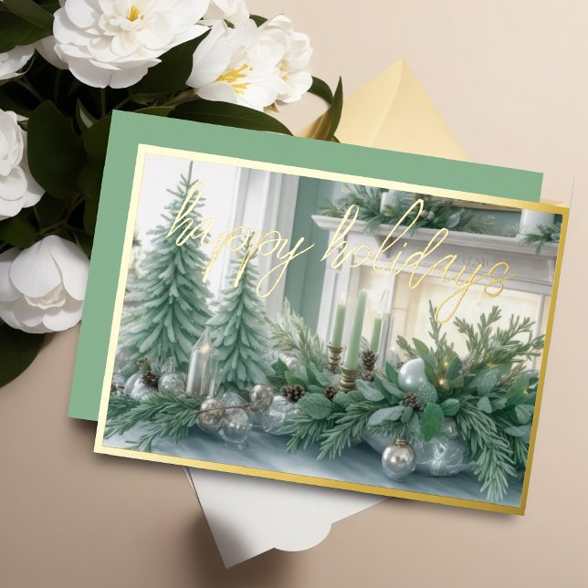 Tarjeta Festiva Con Relieve Metalizado Elegante Tablescape Mint Green Evergreen (Subido por el creador)