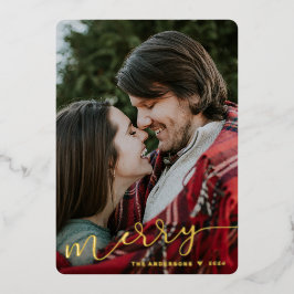 Tarjeta Festiva Con Relieve Metalizado Elegante tarjeta de fotografía navideña con caligr