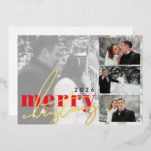 Tarjeta Festiva Con Relieve Metalizado Elegante Tarjeta de Navidad con Collage de Fotos M