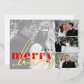 Tarjeta Festiva Con Relieve Metalizado Elegante Tarjeta de Navidad con Collage de Fotos M