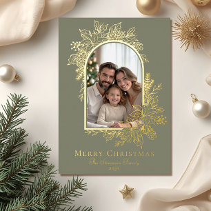 Tarjeta Festiva Con Relieve Metalizado Elegante Tarjeta de Navidad con Foto en Verde Salv