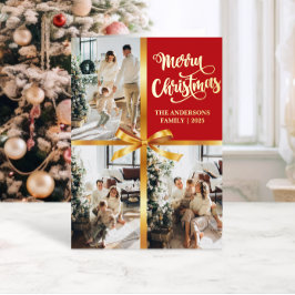 Tarjeta Festiva Con Relieve Metalizado Elegante tarjeta de Navidad roja con lazo dorado