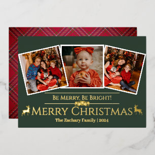 Tarjeta Festiva Con Relieve Metalizado Elegante Tartán Cuadros Reno Navidad 3 Foto