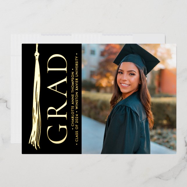 Tarjeta Festiva Con Relieve Metalizado Elegante Tassel Grad Photo Modern (Sobre)