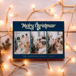 Tarjeta Festiva Con Relieve Metalizado Elegante Tres Fotos Navy Blue Merry Christmas