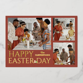 Tarjeta Festiva Con Relieve Metalizado elegante Typography Easter family tres fotos