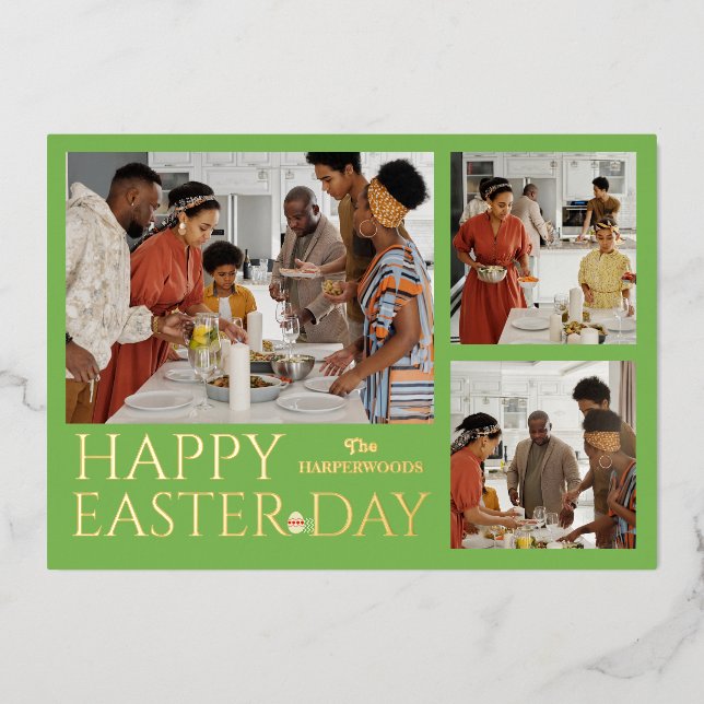 Tarjeta Festiva Con Relieve Metalizado elegante Typography Easter family tres fotos (Anverso)