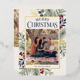 Tarjeta Festiva Con Relieve Metalizado Elegante Verde de Invierno Feliz Navidad Enmarcado