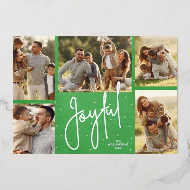 Tarjeta Festiva Con Relieve Metalizado Elegante verde multifoto joyful Silver (Anverso)