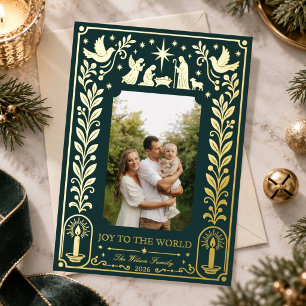 Tarjeta Festiva Con Relieve Metalizado Elegante Verde Oro Natividad Alegría al Mundo