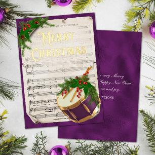Tarjeta Festiva Con Relieve Metalizado Elegante Vintage Christmas Music Drum Purple