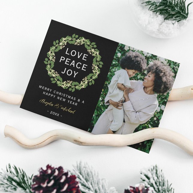Tarjeta Festiva Con Relieve Metalizado Elegante Wreath Love Peace Joy Photo (Subido por el creador)