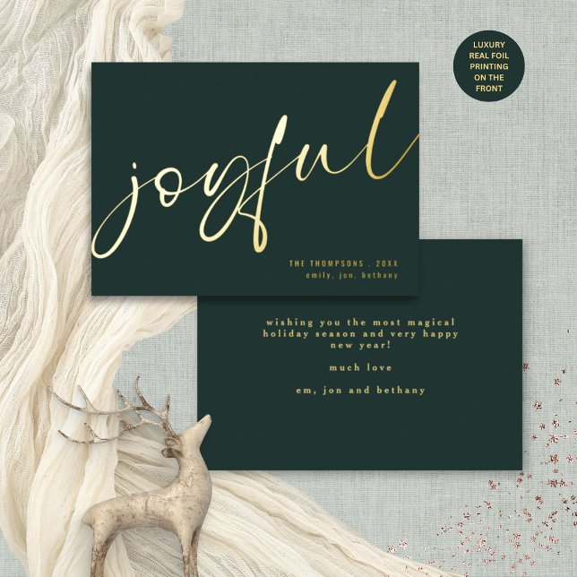 Tarjeta Festiva Con Relieve Metalizado Elegante y alegre caligrafía Navidades Green (Front and back view. Note the front typography is printed in REAL foil. Back text is not in foil.)