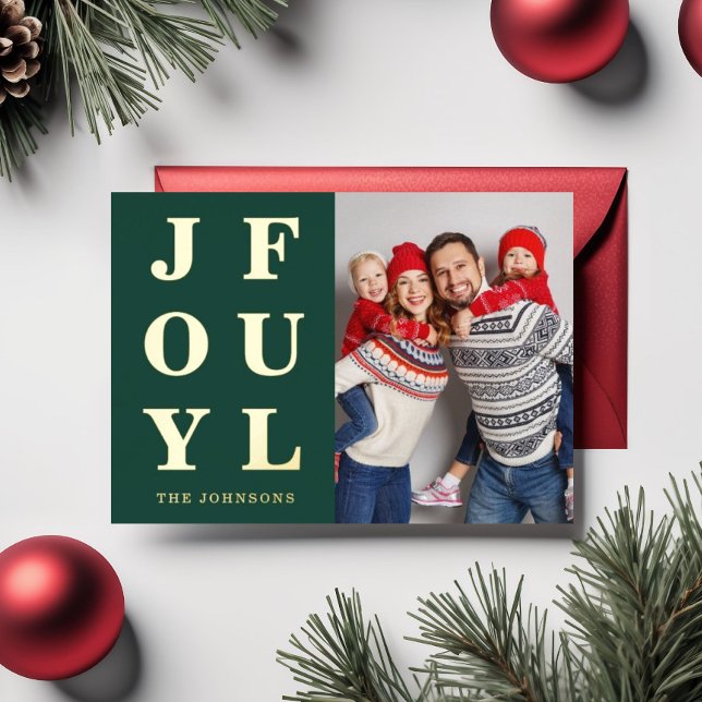 Tarjeta Festiva Con Relieve Metalizado Elegante y alegre Navidad de fotografía verde oro (Elegant Green Joyful Photo Christmas Gold Foil Holiday Card)