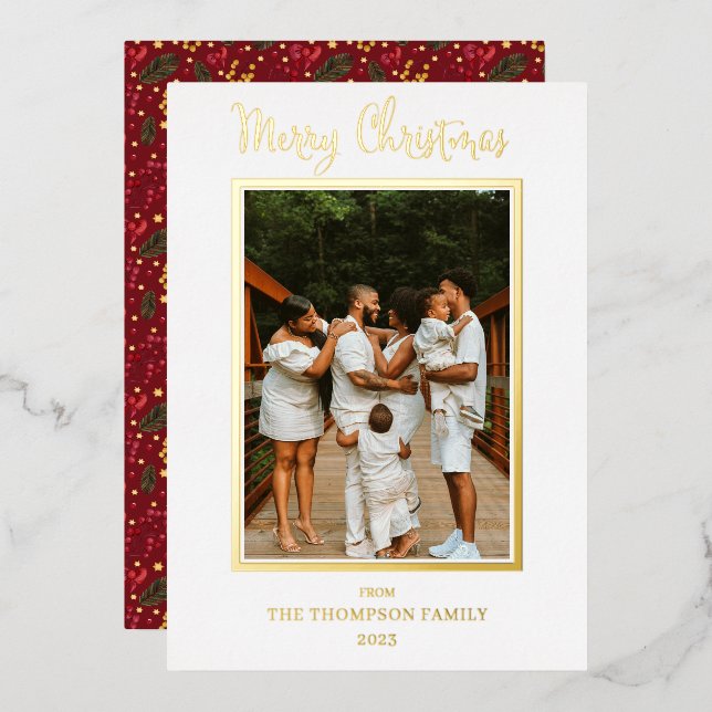 Tarjeta Festiva Con Relieve Metalizado Elegante y elegante foto Feliz Navidad (Anverso/Reverso)