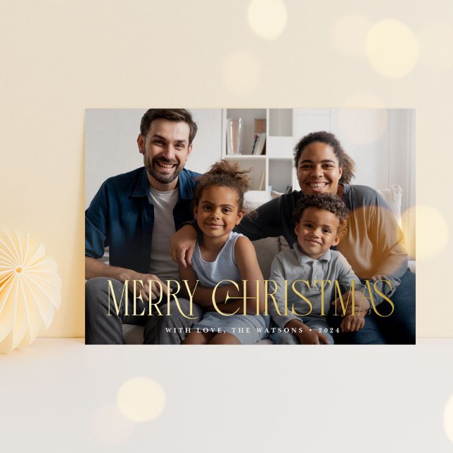Tarjeta Festiva Con Relieve Metalizado Elegante y elegante Lujo Feliz Navidad (elegant, luxe, "Merry Christmas" font overlayed on top of photo card.)