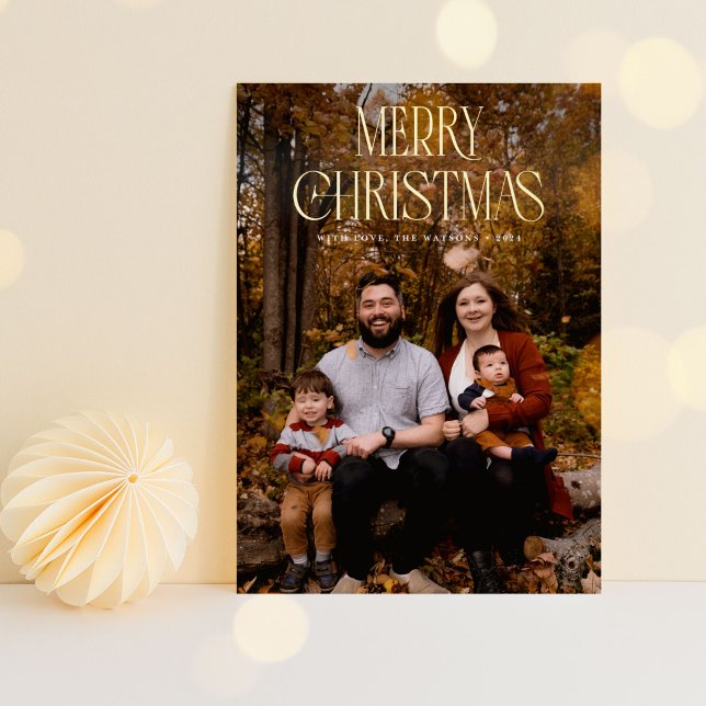 Tarjeta Festiva Con Relieve Metalizado Elegante y elegante Lujo Feliz Navidad (elegant, luxe, "Merry Christmas" font overlayed on top of photo card.)
