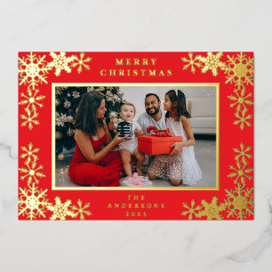 Tarjeta Festiva Con Relieve Metalizado Elegantes Copos de Nieve Minimalistas Navidad Fami