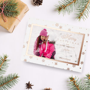Tarjeta Festiva Con Relieve Metalizado Elegantes copos de nieve Navidades del marco fotog