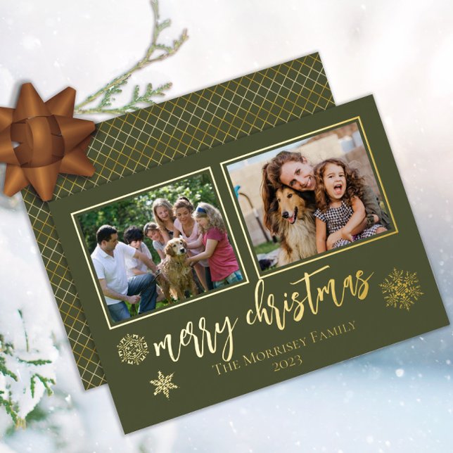 Tarjeta Festiva Con Relieve Metalizado Elegantes copos de nieve navideños 2 Foto (Say "Merry Christmas" in unique, elegant style with 2-photo gold foil cards. Back is faux foil.)