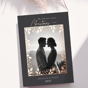 Tarjeta Festiva Con Relieve Metalizado Elegantes hojas modernas enmarcan foto Feliz Navid