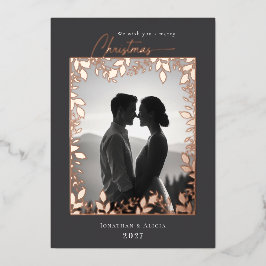 Tarjeta Festiva Con Relieve Metalizado Elegantes hojas modernas marco foto feliz Navidad