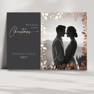 Tarjeta Festiva Con Relieve Metalizado Elegantes hojas modernas marco foto feliz Navidad