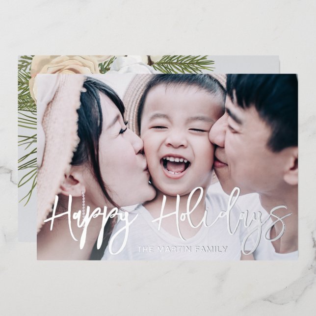 Tarjeta Festiva Con Relieve Metalizado Elegantes Navidades botánicos de fotografía comple (Anverso/Reverso)