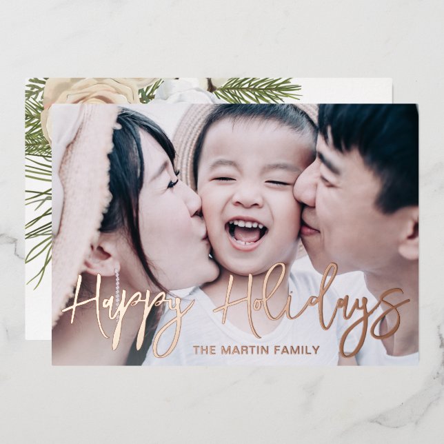 Tarjeta Festiva Con Relieve Metalizado Elegantes Navidades botánicos de fotografía comple (Anverso/Reverso)