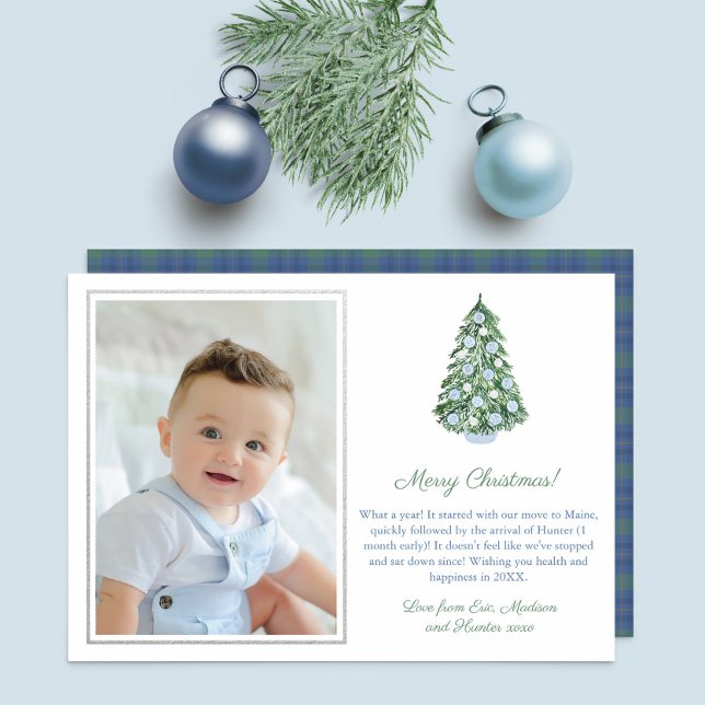 Tarjeta Festiva Con Relieve Metalizado Elegantes Navidades Chinoiserie Blue White Silver (Simple elegant watercolor chinoiserie holidays card with photo and silver or gold foil elements)