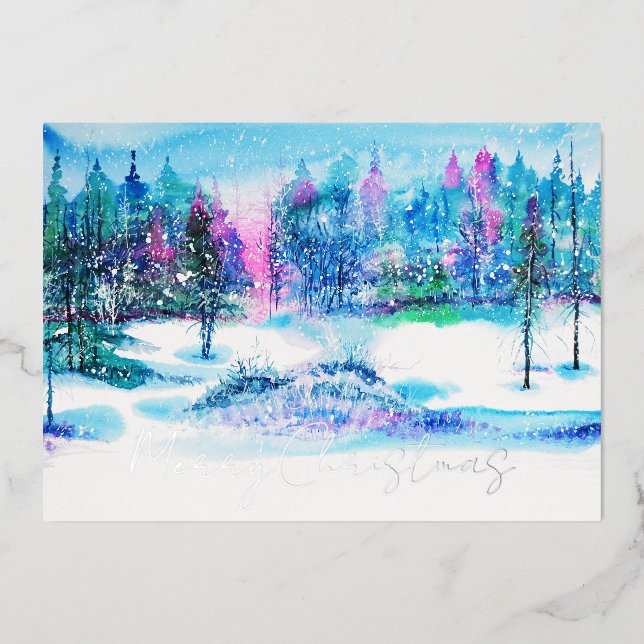 Tarjeta Festiva Con Relieve Metalizado Elegantes Navidades de acuarela del bosque de invi (Anverso)
