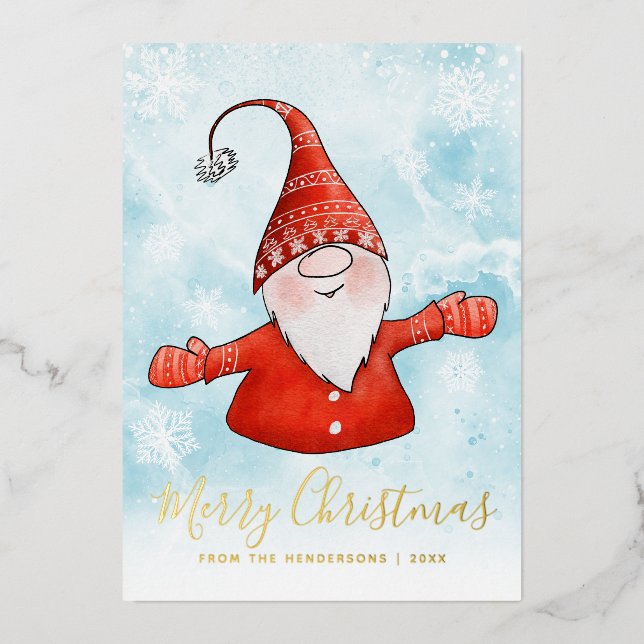 Tarjeta Festiva Con Relieve Metalizado Elegantes Navidades de Gnome (Anverso)