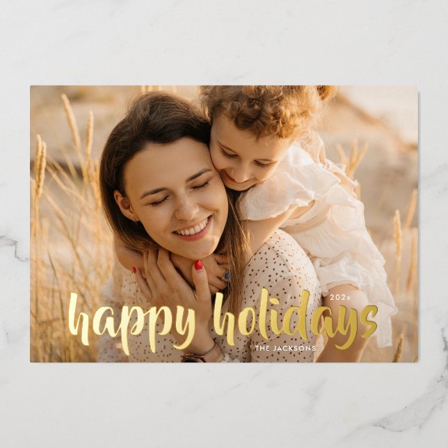 Tarjeta Festiva Con Relieve Metalizado Elegantes Navidades de guión dorado foto feliz (Anverso)