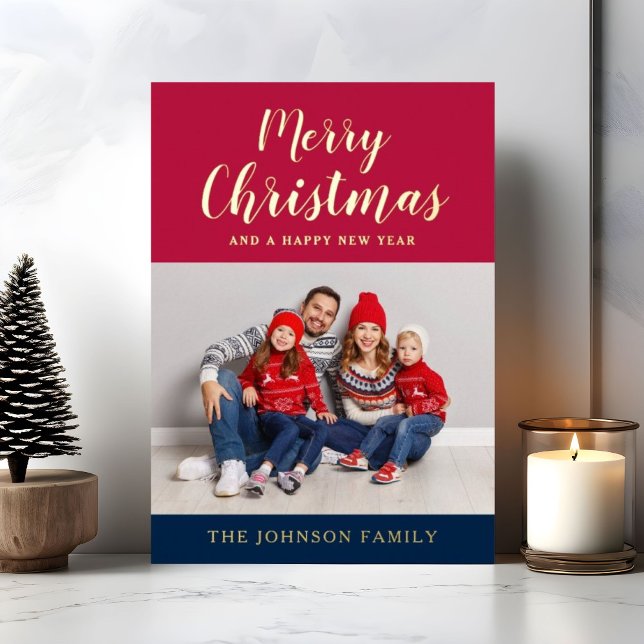 Tarjeta Festiva Con Relieve Metalizado Elegantes Navidades de guiones Foto Oro (Elegant Script Christmas Photo Gold Foil Holiday Card)