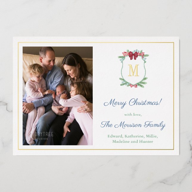 Tarjeta Festiva Con Relieve Metalizado Elegantes Navidades Escudo Greenery Berries Foto (Anverso)