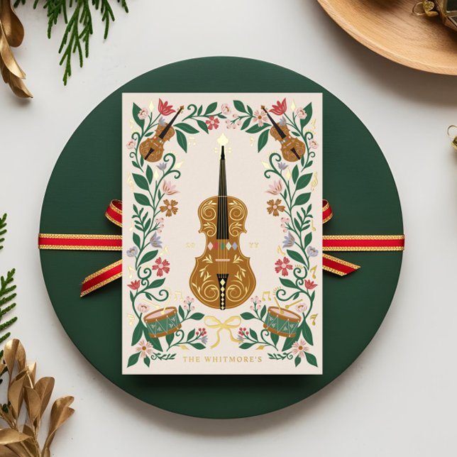 Tarjeta Festiva Con Relieve Metalizado Elegantes Navidades florales Ballet Nudista Musica (Elegant Floral Christmas Nutcracker Ballet Musical Foil Holiday Card)