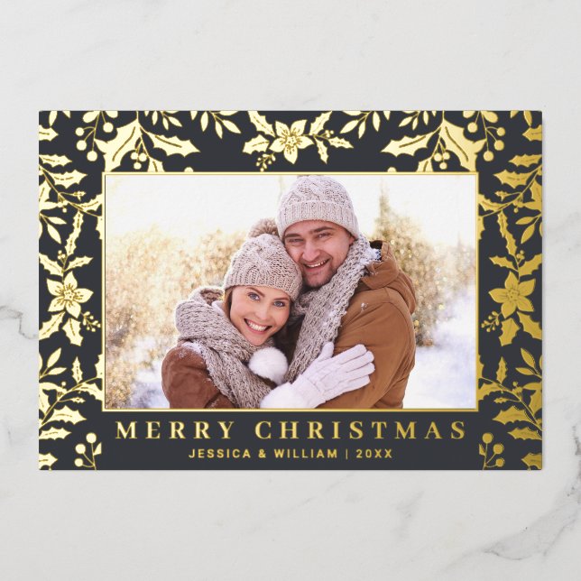 Tarjeta Festiva Con Relieve Metalizado Elegantes Navidades Foliage 2 Photo Gold (Anverso)