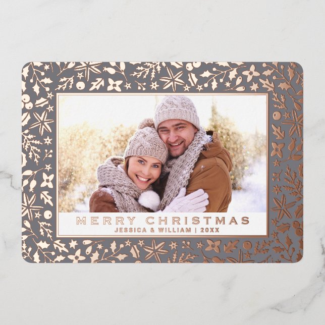 Tarjeta Festiva Con Relieve Metalizado Elegantes Navidades Foliage 2 Photo Rosa Gold (Anverso)