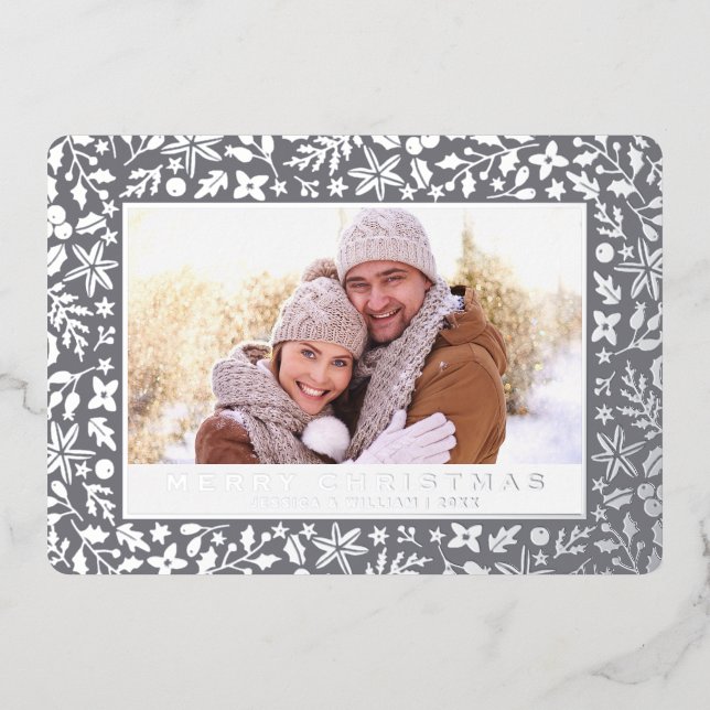 Tarjeta Festiva Con Relieve Metalizado Elegantes Navidades Foliage 2 Photo Silver (Anverso)