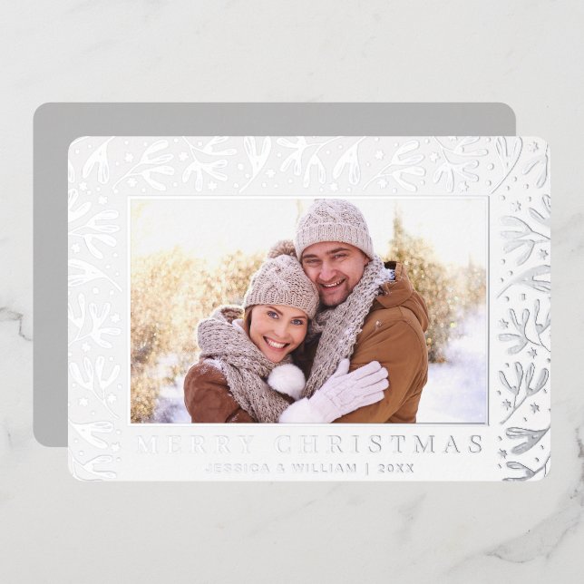 Tarjeta Festiva Con Relieve Metalizado Elegantes Navidades Foliage 2 Photo Silver (Anverso/Reverso)