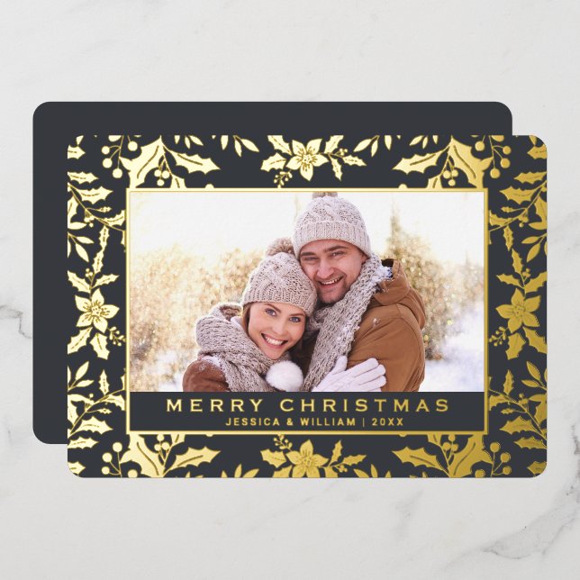 Tarjeta Festiva Con Relieve Metalizado Elegantes Navidades Foliage Photo Gold (Anverso/Reverso)