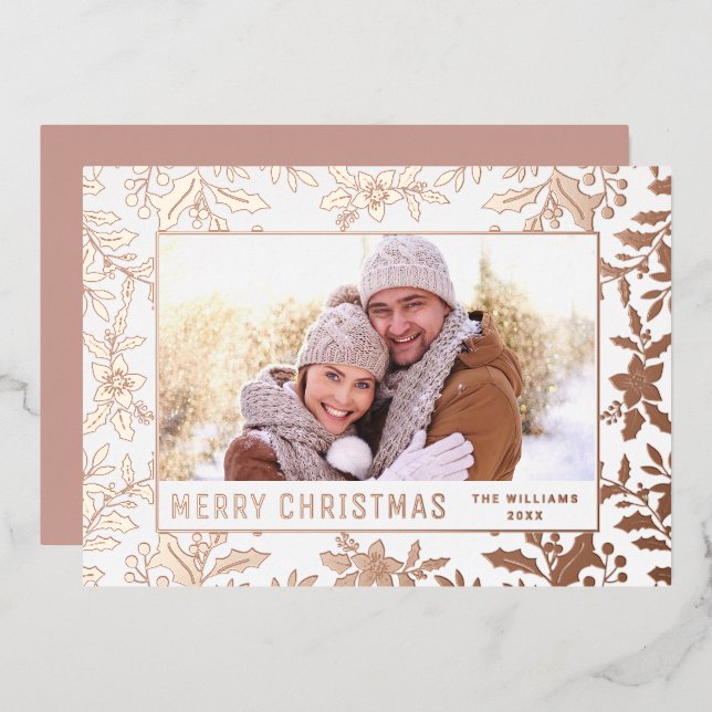 Tarjeta Festiva Con Relieve Metalizado Elegantes Navidades Foliage Photo Rosa Gold (Anverso/Reverso)
