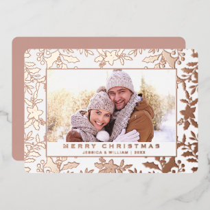 Tarjeta Festiva Con Relieve Metalizado Elegantes Navidades Foliage Photo Rosa Gold